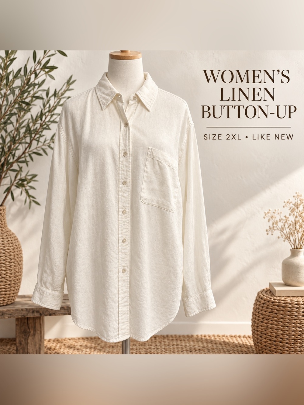 Linen Long Sleeve Collared Button-Down Shirt - White XXL